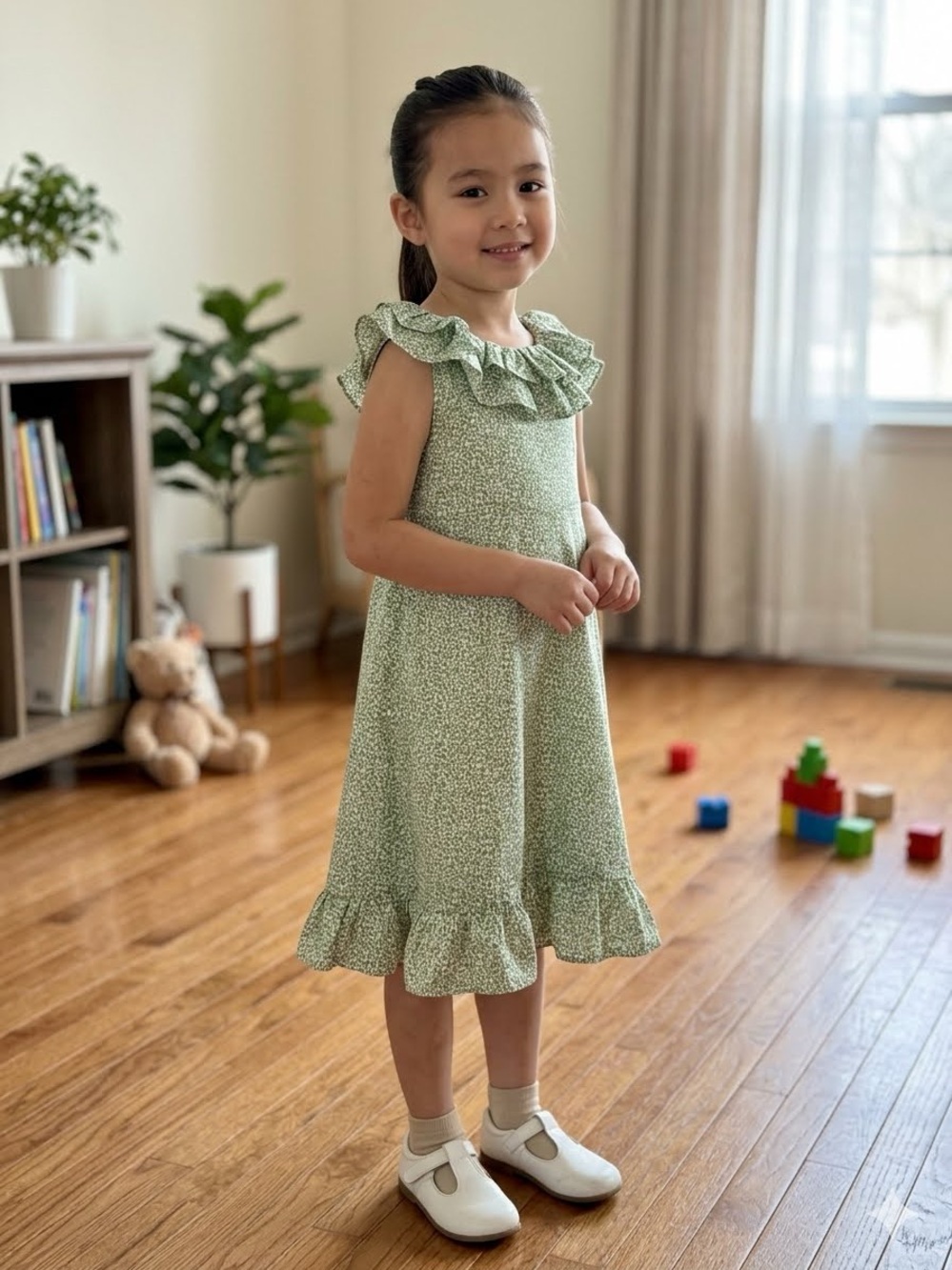 Aurora European Boutique Green Floral Ruffle Dress 100% Cotton Lined Size 6 30